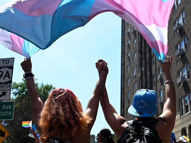 NEW YORK, NEW YORK - JUNE 26: Two trans people hold hands while marching under a trans pri