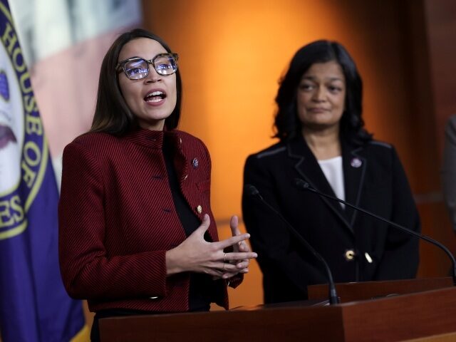 WASHINGTON, DC - APRIL 07: U.S. Alexandria Ocasio-Cortez (D-NY) (L), joined by Rep. Pramil