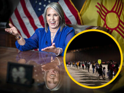 New Mexico Gov. Michelle Lujan Grisham after State of the State address during the 56th legislative session, Jan. 18, 2022. Migrants board a bus after crossing into the United States near the end of a border wall Tuesday, Aug. 23, 2022, near Yuma, Ariz.