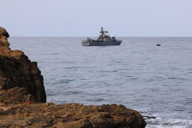 An Israeli warship sits at mooring close to the disputed maritime border with Lebanon