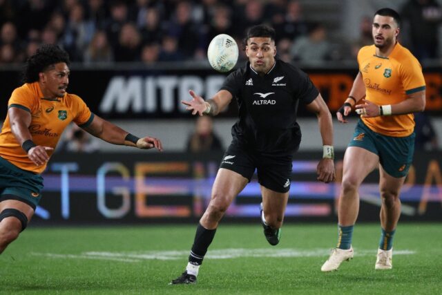 All Blacks star Rieko Ioane (C) has extended his contract with New Zealand Rugby until aft