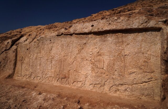 A carving from Assyrian rule, pictured during the opening of an archaeological park in Ira