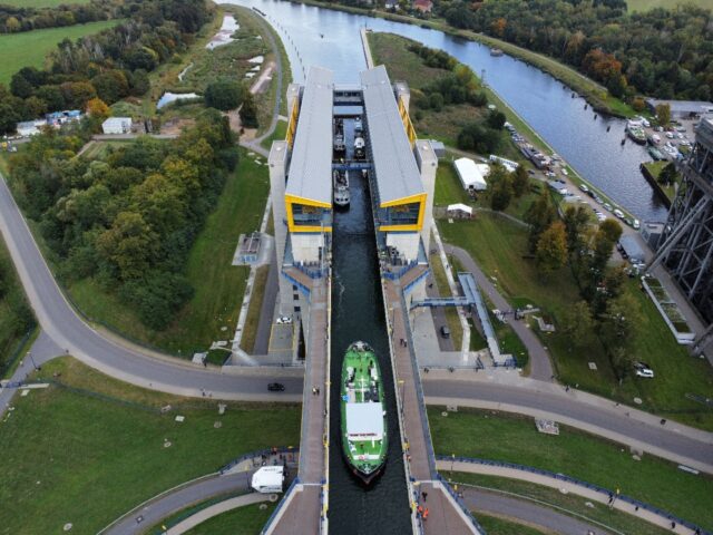 The engineering feat in Niederfinow, eastern Germany, stands at 55 metres tall