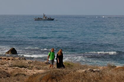 Lebanon and Israel have no diplomatic relations; here a navy vessel patrols the Mediterranean waters off Rosh Hanikra, known in Lebanon as Ras al-Naqura, on the Israeli side of the border between the two countries on October 7
