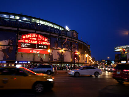 CHICAGO, IL - AUGUST 6: Exterior, overall, wide angle general view outside Wrigley Field at night during the game between the San Francisco Giants and Chicago Cubs on Thursday, August 6, 2015 in Chicago, Illinois. (Photo by Brad Mangin/MLB Photos via Getty Images)