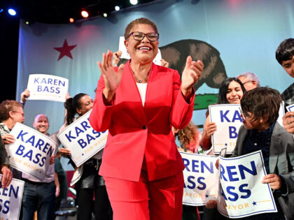 Los Angeles, California November 8, 2022-L.A. Mayor candidate Karen Bass during election night at the Palladium in Hollywood. (Wally Skalij/Los Angeles Times via Getty Images)