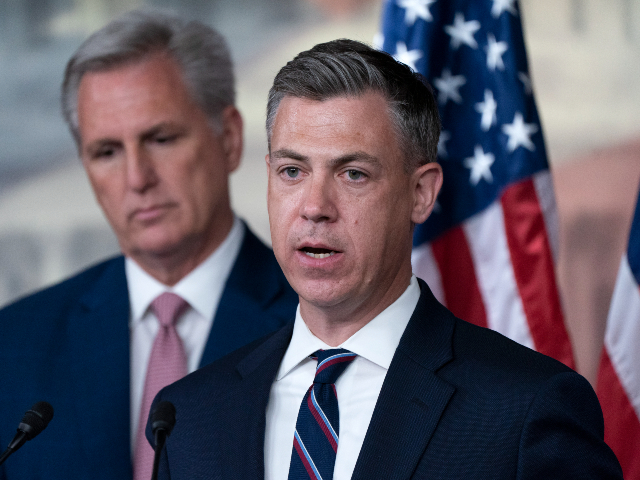 Rep. Jim Banks, R-Ind., right, speaks as House Minority Leader Kevin McCarthy of Calif., listens during a news conference on the House Jan. 6 Committee, Thursday, June 9, 2022, on Capitol Hill in Washington. (AP Photo/Jacquelyn Martin)