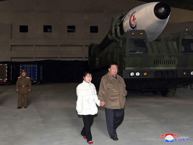 This photo provided on Nov. 19, 2022, by the North Korean government shows North Korean leader Kim Jong Un, right, and his daughter inspects a missile at Pyongyang International Airport in Pyongyang, North Korea, Friday, Nov. 18, 2022. North Korea’s state media said its leader Kim oversaw the launch of the Hwasong-17 missile, a day after its neighbors said they had detected the launch of an ICBM potentially capable of reaching the continental U.S. Independent journalists were not given access to cover the event depicted in this image distributed by the North Korean government. The content of this image is as provided and cannot be independently verified. Korean language watermark on image as provided by source reads: "KCNA" which is the abbreviation for Korean Central News Agency. (Korean Central News Agency/Korea News Service via AP)