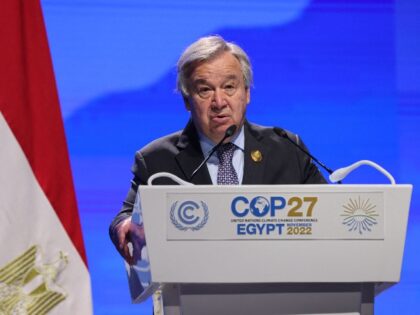 United Nations Secretary General Antonio Guterres delivers a speech at an event launch for the climate TRACE initiative -- a greenhouse gases inventory of the largest facility-level sources -- during the COP27 climate conference at the Sharm el-Sheikh International Convention Centre, in Egypt's Red Sea resort city of the same …