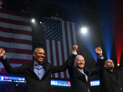 (L-R) Democratic gubernatorial candidate for Pennsylvania Josh Shapiro, former US President Barack Obama, US President Joe Biden, and Democratic US Senate candidate John Fetterman participate in a rally ahead of the midterm elections in Philadelphia, Pennsylvania, on November 5, 2022. (Photo by SAUL LOEB / AFP) (Photo by SAUL LOEB/AFP …