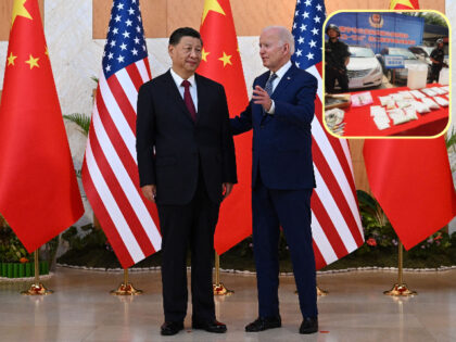 US President Joe Biden (R) and Chinese President Xi Jinping hold a meeting on the sidelines of the G20 Summit in Nusa Dua on the Indonesian resort island of Bali, November 14, 2022. (Photo by SAUL LOEB / AFP) (Photo by SAUL LOEB/AFP via Getty Images) Inset: Chinese police display …