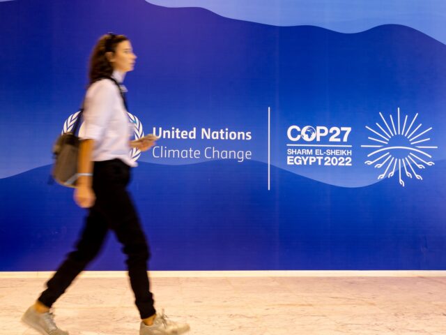 HARM EL SHEIJK, SOUTH SINAI, EGYPT - 2022/11/05: Participant walks in front of the UN COP2