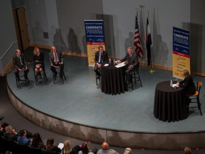 AURORA, COLORADO, UNITED STATES - OCTOBER 17 2022: GOP candidate Joe ODea, center right, speaks at a mental health forum with his opponent and US Senator Michael Bennet Tuesday, Oct. 18, 2022 at University of Colorado Anschutz Medical Campus in Aurora, Colorado, United States. Colorados mail-in voting begins this week. …