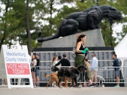 A woman walks with dogs past a sign identifying a polling location on the final day of early voting at Bank of America Stadium on November 5, 2022, in Charlotte, North Carolina. Today marked the last day for early voting in the state before Election Day on November 8. (Sean …