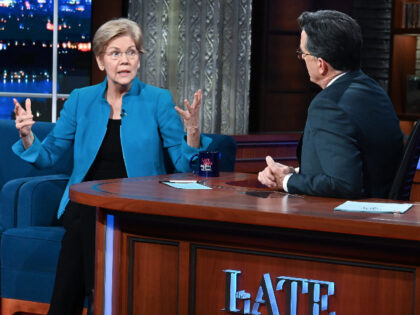 NEW YORK - JANUARY 17: The Late Show with Stephen Colbert and guest Senator Elizabeth Warren during Monday's January 17, 2022 show. (Photo by CBS via Getty Images)