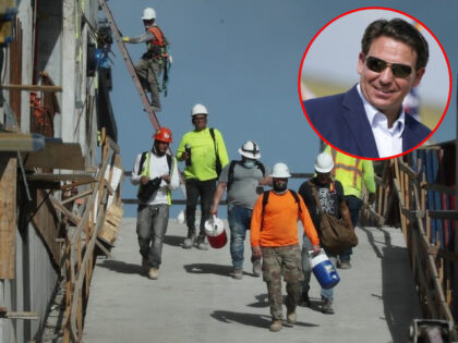 Constructions workers on the beach in Miami, FL (Joe Raedle/Getty Images) // Inset: Gov. Ron DeSantis (Lynne Sladky/AP).