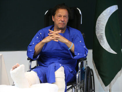 LAHORE, PAKISTAN - NOVEMBER 04: Former Pakistani Prime Minister Imran Khan speaks to the press after he was discharged from Shaukat Hanum Hospital following assassination attempt in Lahore, Pakistan on November 04, 2022. (Photo by Muhammed Semih Ugurlu/Anadolu Agency via Getty Images)