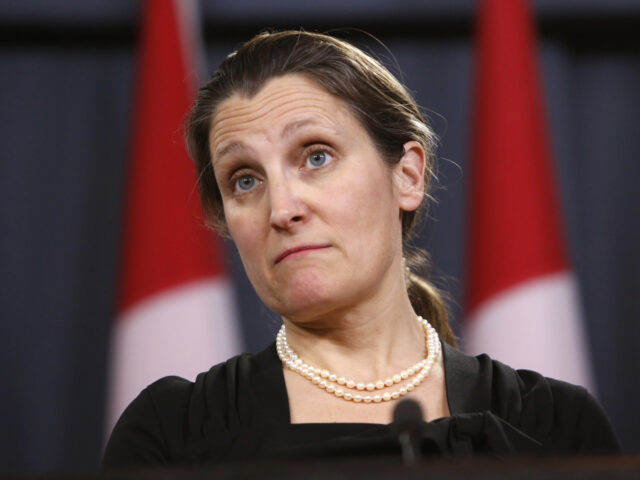 Chrystia Freeland, Canada's foreign minister, listens during a news conference at the