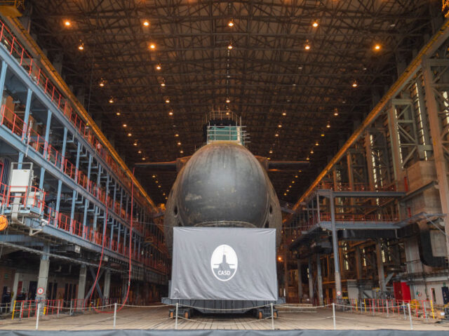 One of the Vanguard Class Ship nuclear submarines in dry dock at HM Naval Base Clyde, the