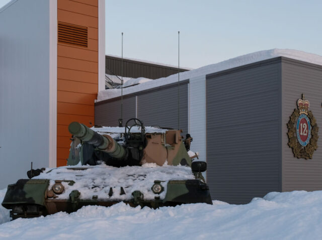 SAGUENAY, CANADA - JANUARY 11: a tank in front of the 12th RBC building during a Franco-Canadian military exercise, Quebec, Quebec city, Canada on January 11, 2017 in Saguenay, Canada. (Photo by Fred Marie/Art In All Of Us/Corbis via Getty Images)