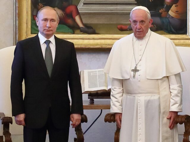 VATICAN CITY, VATICAN - JULY 04: Pope Francis receives Russia's President Vladimir Putin and his delegation during an audience at the Apostolic Palace on July 04, 2019 in Vatican City, Vatican. (Photo by Vatican Pool/Getty Images)