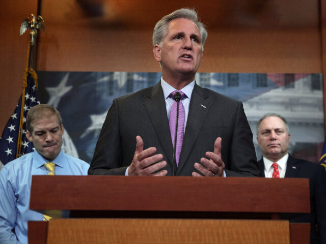 WASHINGTON, DC - SEPTEMBER 25: U.S. House Minority Leader Rep. Kevin McCarthy (R-CA) speaks as Rep. Jim Jordan (R-OH), and House Minority Whip Rep. Steve Scalise (R-LA) listen during a news conference at the U.S. Capitol September 25, 2019 in Washington, DC. House GOP leaders held a news conference to …
