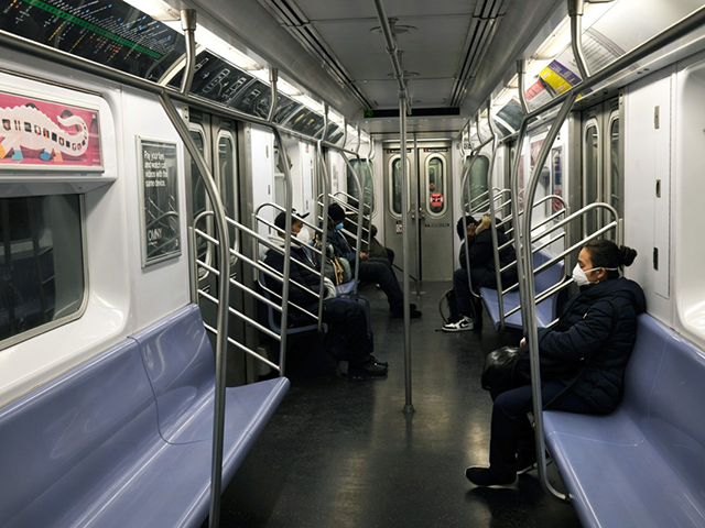 People ride the subway on April 23, 2020 in New York City. New York City, which has been t