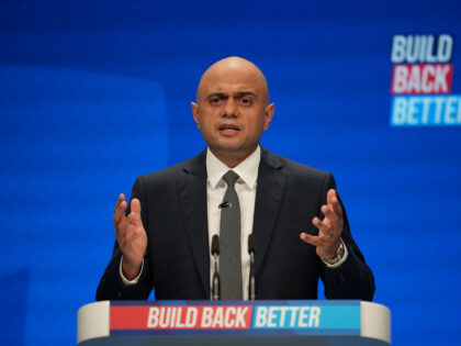 MANCHESTER, ENGLAND - OCTOBER 05: Sajid Javid, Secretary of State for Health and Social Care gives a speech on day three of the 2021 Conservative Party Conference at Manchester Central Convention Complex on October 5, 2021 in Manchester, England. This year's Conservative Party Conference returns as a hybrid of in-person …