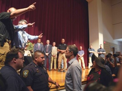 Texas Democrat gubernatorial candidate Robert Francis "Beto" O'Rourke is ordered to leave a briefing in Uvalde in the wake of the Robb Elementary School Shooting in May. (ALLISON DINNER/AFP via Getty Images)