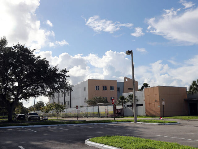 The 1200 building at Marjory Stoneman Douglas High School in Parkland, Florida, marks the crime scene where the 2018 shootings took place. (Amy Beth Bennett/South Florida Sun Sentinel/Tribune News Service via Getty Images)