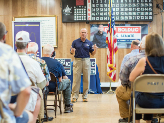LACONIA, NH - SEPTEMBER 10: Republican Senate candidate Don Bolduc greets supporters at a town hall event on September 10, 2022 in Laconia, New Hampshire. Bolduc is running against Bruce Fenton and Chuck Morse in the in the upcoming GOP primary. (Photo by Scott Eisen/Getty Images)
