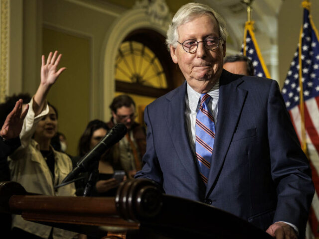 Senate Minority Leader Mitch McConnell, a Republican from Kentucky, leaves a news conferen