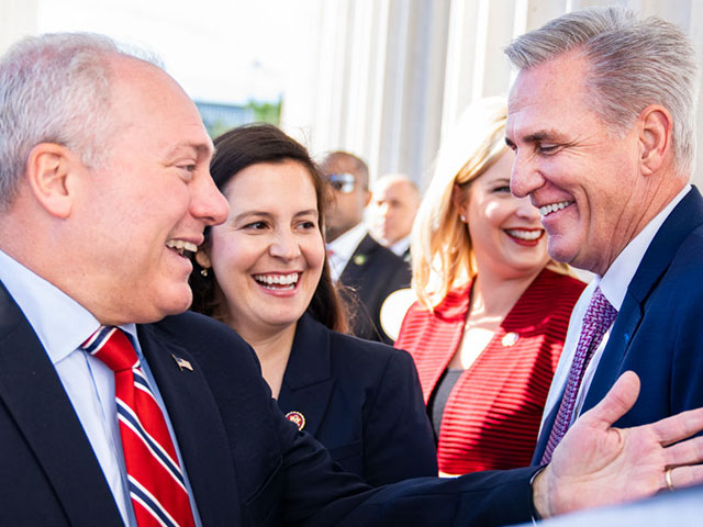 UNITED STATES - SEPTEMBER 29: House Minority Leader Kevin McCarthy, R-Calif., right, House Minority Whip Steve Scalise, R-La., and House Republican Conference Chair Elise Stefanik, R-N.Y., arrive to the House steps of the U.S. Capitol for a news conference on the House Republicans Commitment to America, on Wednesday, September 29, 2022. (Tom Williams/CQ-Roll Call, Inc via Getty Images)
