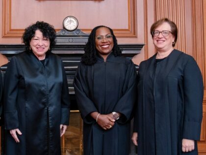 WASHINGTON, DC - SEPTEMBER 30: (EDITORIAL USE ONLY) In this handout provided by the Collection of the Supreme Court of the United States, (L-R) Associate Justices Amy Coney Barrett, Sonia Sotomayor, Ketanji Brown Jackson, and Elena Kagan pose at a courtesy visit in the Justices Conference Room prior to the …
