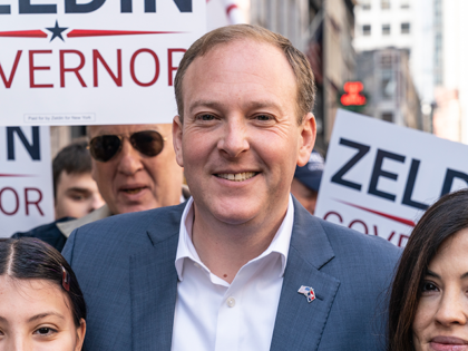 Congressman Lee Zeldin (C) attends the annual Columbus Day parade on Fifth Avenue in Manhattan. (Photo by Lev Radin/Pacific Press/LightRocket via Getty Images)