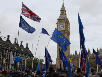 LONDON, ENGLAND - OCTOBER 22: Demonstrators attend the National Rejoin March in Parliament Square on October 22, 2022 in London, United Kingdom. Protesters implore the government to make EU membership U-turn and rejoin stating Brexit has been a failiure. (Photo by Hollie Adams/Getty Images)