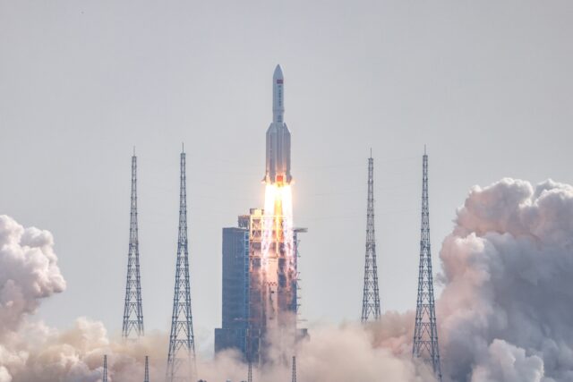 The Long March-5B Y4 carrier rocket, carrying the space lab module Mengtian, blasts off fr