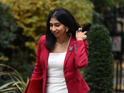 LONDON, ENGLAND - NOVEMBER 01: Home Secretary Suella Braverman arrives for a Cabinet Meeting at 10 Downing Street on November 1, 2022 in London, England. It was the second meeting of Rishi Sunak's cabinet since he assumed the role of prime minister last week. (Photo by Leon Neal/Getty Images)