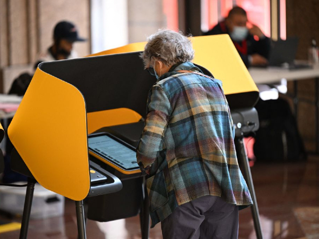 A voter prepares their ballot at a voting booth during early voting ahead of the US midterm elections in Los Angeles, California, on November 1, 2022. (Photo by Robyn Beck / AFP) (Photo by ROBYN BECK/AFP via Getty Images)