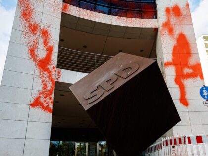 The facade of the headquarters of Germany's Social Democratic Party (SPD) is pictured after it was vandalised and sprayed with red paint in the center of Berlin on November 2, 2022. (Photo by JENS SCHLUETER / AFP) (Photo by JENS SCHLUETER/AFP via Getty Images)