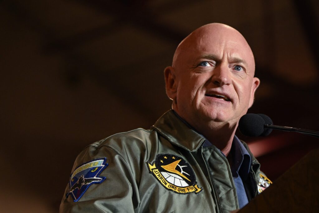US Senator Mark Kelly speaks during a campaign event with former US President Barack Obama and Democratic Gubernatorial candidate for Arizona Katie Hobbs in Phoenix, Arizona, on November 2, 2022. (Photo by Patrick T. FALLON / AFP) (Photo by PATRICK T. FALLON/AFP via Getty Images)