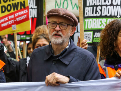 LONDON, UNITED KINGDOM - NOVEMBER 05: Former Labour Party leader Jeremy Corbyn joins thousands of protesters with placards take part in The People's Assembly National Demonstration - Britain is Broken in London, Britain, on November 05, 2022 demanding an end to the cost of living crisis, for Tories out and …