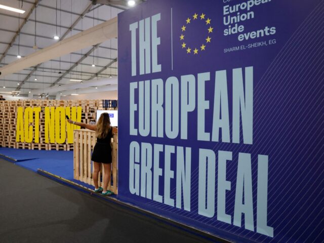 This picture shows the European Union stand inside the Sharm El Sheikh International Convention Centre, on the first day of the COP27 climate summit, in Egypt's Red Sea resort city of Sharm el-Sheikh, on November 6, 2022 - The UN's COP27 climate summit kicked off today in Egypt after a …