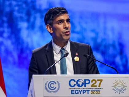 Britain's Prime Minister Rishi Sunak delivers a speech at the leaders summit of the COP27 climate conference at the Sharm el-Sheikh International Convention Centre, in Egypt's Red Sea resort city of the same name, on November 7, 2022. (Photo by AHMAD GHARABLI / AFP) (Photo by AHMAD GHARABLI/AFP via Getty …