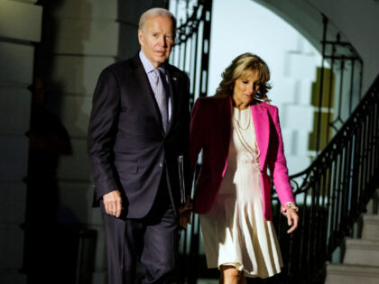 WASHINGTON, DC - NOVEMBER 07: U.S. President Joe Biden and U.S. first lady Dr. Jill Biden walk to Marine One on the South Lawn of the White House on November 7, 2022 in Washington, DC. The President and first lady are traveling to Bowie, MD where they will be participating …
