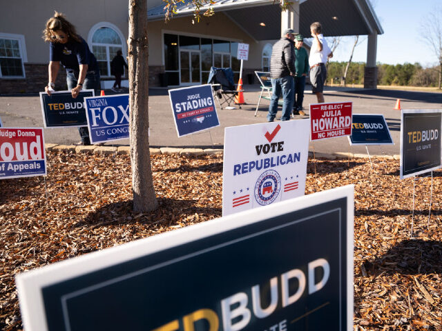 MOCKSVILLE, NC - NOVEMBER 08: Signs for U.S. Republican U.S. Senate candidate Ted Budd out