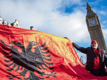 Thousands of Albanians march from Westminster Bridge to Parliament Square to protest against comments made by Home Secretary Suella Braverman singling out Albanian asylum seekers on 12 November 2022 in London, United Kingdom. Albania's Prime Minister Edi Rama responded to her comments by accusing the Home Secretary of discriminating against …