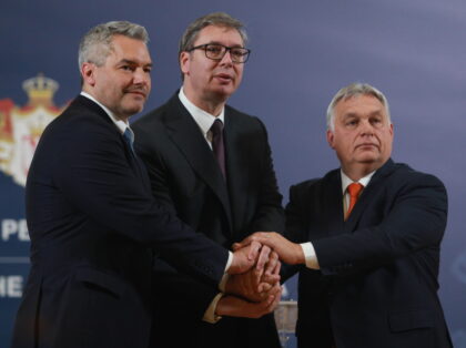 BELGRADE, SERBIA - NOVEMBER 16: Hosted by Serbian President Aleksandar Vucic, Austrian Prime Minister Karl Nehammer and Hungarian Prime Minister Viktor Orban meet to discuss the fight against irregular migrants and illegal immigration in the capital Belgrade, Serbia on November 16, 2022. Serbia, Austria and Hungary signed a memorandum of …