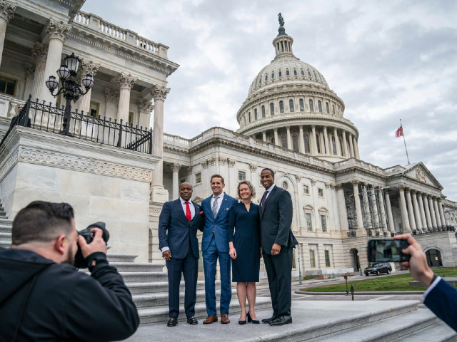 Washington, DC - November 15 : Rep.-elect Wesley Hunt, R-Texas,, Rep.-elect Rich McCormick, R-Ga., Rep.-elect Jen Kiggans, R-VA., Rep.-elect John James, R-Mich., pose for photos after newly-elected members of the 118th Congress posed for a class photo on the east front steps on Capitol Hill on Tuesday, Nov. 15, 2022 in Washington, DC. (Photo by Jabin Botsford/The Washington Post via Getty Images)