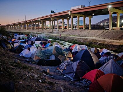 CIUDAD JUAREZ, MEXICO - NOVEMBER 14: A view from the camp majorly populated by Venezuelan migrants in front of the US Border Patrol operations post across the Rio Bravo River in Mexico on November 14, 2022. With more than 1,500 Venezuelan migrants camped on the banks of Rio Bravo and …
